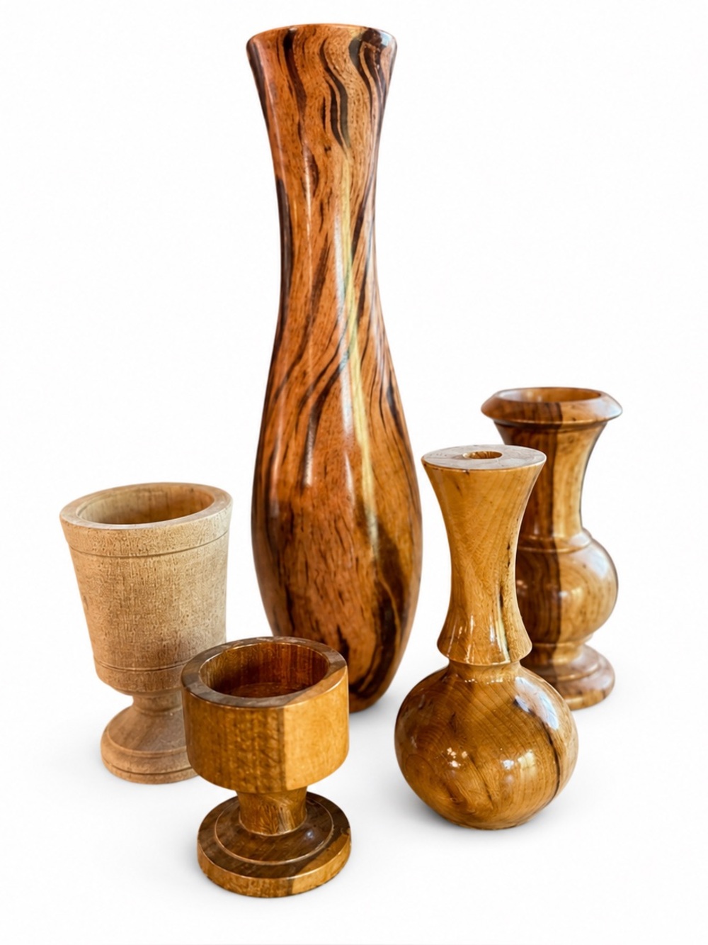Set of Five Different Wooden Vessels / Vases / Cups / Egg Cup
